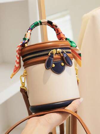 Vibrant Color Block Bucket Bag - Fashionable Top Handle, Crossbody Design, Detachable Scarf Decor, Soft Shoulder Strap, Spacious Interior - Perfect Fashion Handbag For Women