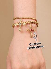 1pc Custom Birthstone Bracelet, Gold Cross Pendant Bracelet For Women, Suitable As Birthday Gift, Graduation Gift, Friendship Token, Thanksgiving Gift, Anniversary Gift