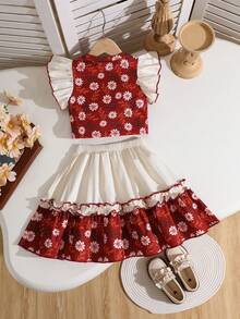 2pcs Girls Casual Floral Print Top And Floral Print Skirt Outdoor Set, Spring/Summer - Multicolor - View 2