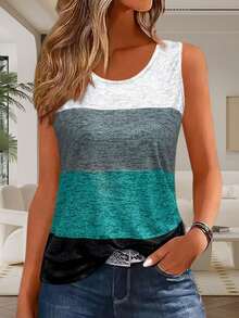 撞色背心，女士无袖T恤，休闲宽松背心，夏季基础款上衣，沙滩度假吊带衫，圆领背心，百搭日常穿搭，上衣，飘逸无袖T恤，夏季休闲背心 - 彩色 - 查看 5