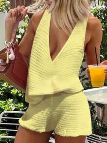 Women's Knit Sexy Top And Shorts Set, Suitable For Daily Wear, Vacation, And Sexy Style - Yellow - View 3