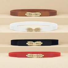 1 件女士优雅叶子金属扣弹性腰带，适合毛衣、连衣裙、外套夏季、学校秋季、秋季、万圣节 - 駝色 - 查看 3