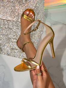 女士系带露趾金色高跟凉鞋，法式仙女风格，带踝带，适合夏季度假、节日、夜总会、派对和舞会 - 金色 - 查看 1