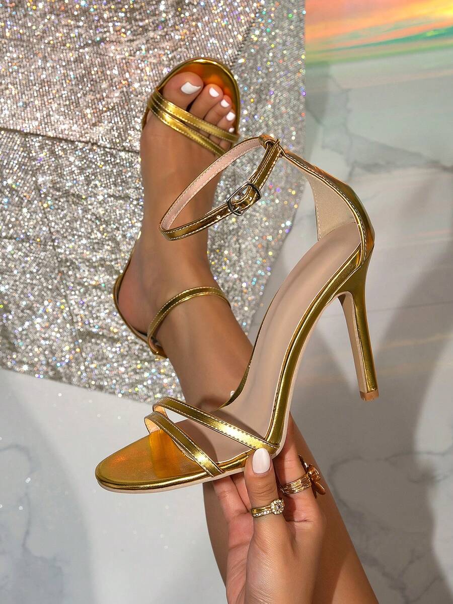 女士系带露趾金色高跟凉鞋，法式仙女风格，带踝带，适合夏季度假、节日、夜总会、派对和舞会 - 金色 - 查看 1