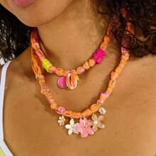 1pc Beach Vacation Leisure Style Colorful Ribbon Marine Life Tropical Flowers Palm Tree Shell Star Pendant Women's Necklace, Electroplated 18K Gold Waterproof And Sweat Proof, Suitable For Daily Wear And Use, Women's Jewelry, Women's Accessories, Suitable For Giving To Wives, Mothers, Girlfriends