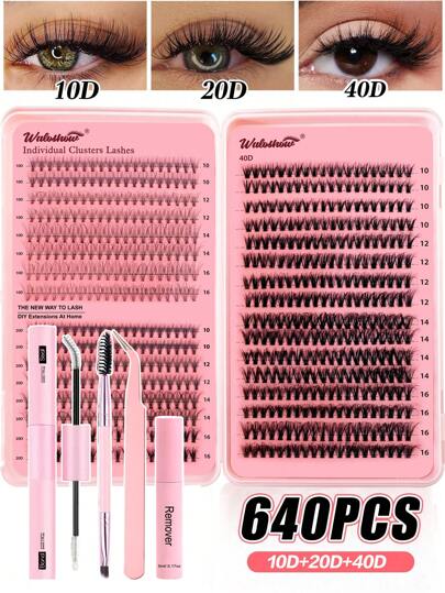 Waloshow DIY 640pcs D Curl Single Cluster Eyelash Extension Kit, 10-16mm 30D+40D+50D Black Densed Bunch False Eyelashes, D Curl Cluster Eyelash Extension Set, Suitable For Home Use Thick And Lightweight Eyelash Extension Lash Clusters Kit, Lashes, Eyelashes, Fake Lashes