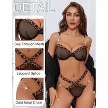 Local Delivery--Sexy Lingerie Set Mesh See Through Underwire Bra Panty Set Leopard Splice Push Up Lingerie With Chain - 黑色 - 查看 4