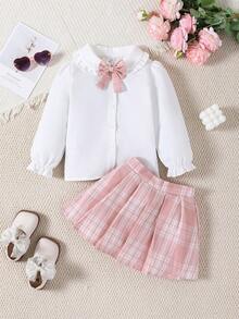 Girls' Peter Pan Collar Long Sleeve Shirt & Plaid Skirt 2pcs Set,Cute Outdoor Outfit For Spring/Autumn