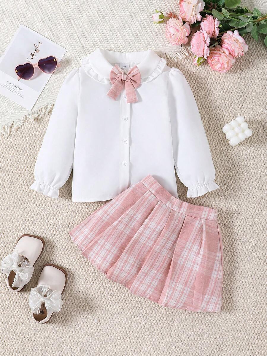 Girls' Peter Pan Collar Long Sleeve Shirt & Plaid Skirt 2pcs Set,Cute Outdoor Outfit For Spring/Autumn