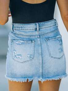 女式无袖牛仔拼布高腰迷你裙，夏季 - 淺色水洗藍 - 查看 2