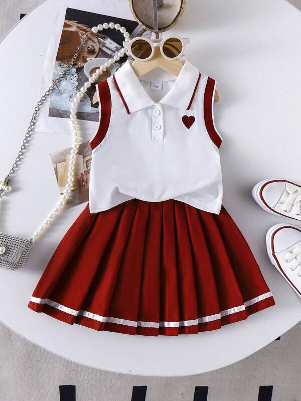 Set de 2 piezas de top polo sin mangas con bordado de corazón y falda plisada para niñas, para verano