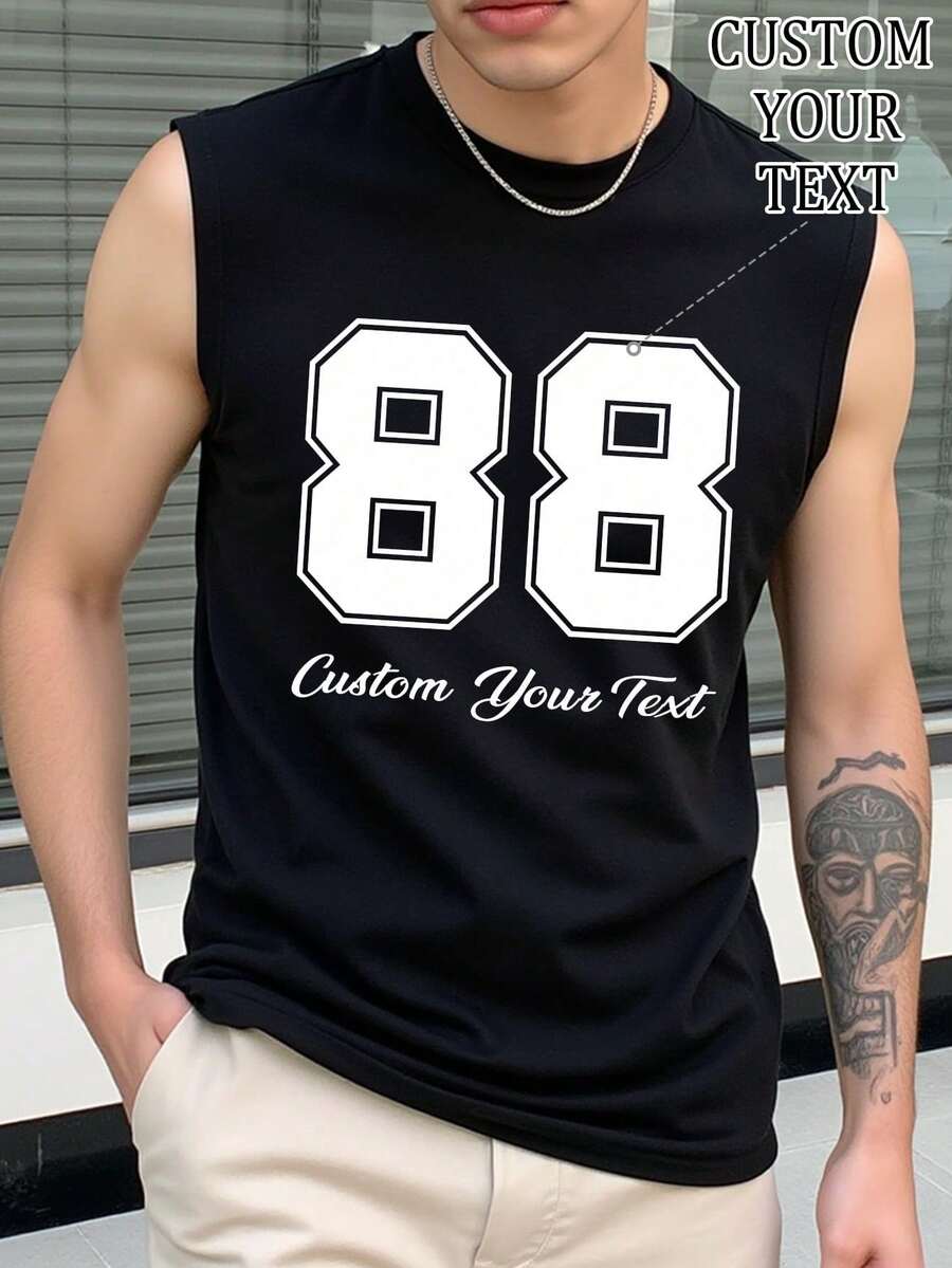 Personalized Number Custom Men's Tank Top, Upload Your Lucky Number/Blessing, Custom Men's Short Sleeve Tank Top, Men's Casual Sports Vest Custom, Men's Black Top, Holiday Gift, Anniversary Gift, Halloween/Christmas/Valentine's Day/Birthday/Party Anniversary/Music Festival Holiday Custom, Gift For Him, Party, Sportswear Custom - Black - View 1