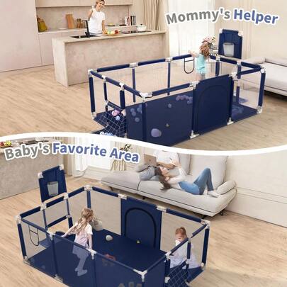 Parque infantil HDJ extragrande de 180 cm con aro de baloncesto y red transpirable, para interior y exterior (negro, rectangular, con estructura de baloncesto)