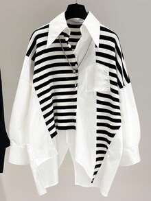 大码女式条纹撞色落肩长袖纽扣领口袋不对称/不对称后开衩宽松休闲衬衫 春季 - 彩色 - 查看 6