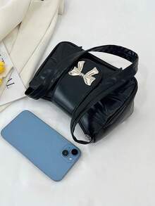 Cloud Ruffle Solid Color Bow Decor Fashionable Shoulder Bag - Black - View 11