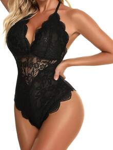 Lencería de mujer body de encaje estilo teddy con aberturas en la entrepierna - Azul Marino - Ver 7