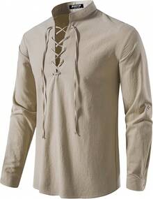 Men's Pure Cotton Retro Lace Up Shirts For Renaissance Pirate Viking Medieval - Màu Khaki - Xem 1