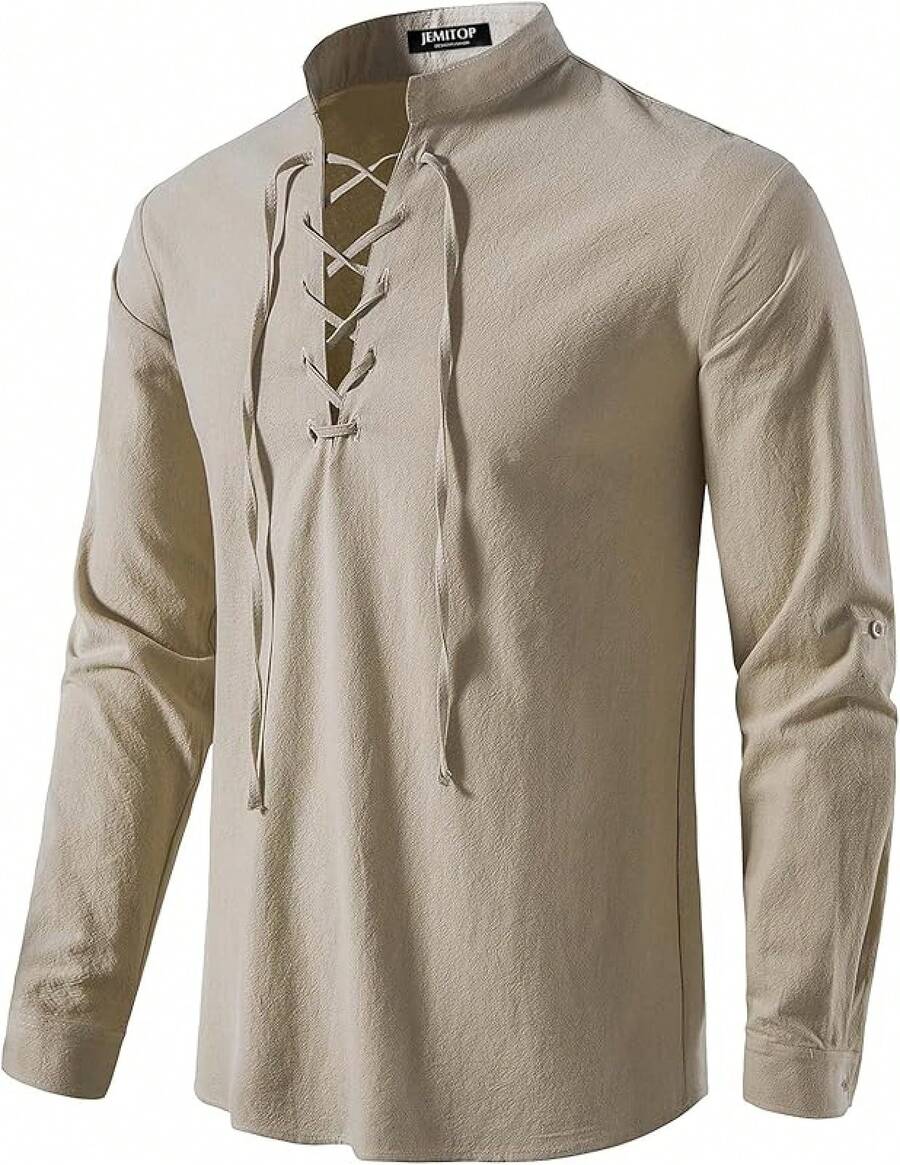 Men's Pure Cotton Retro Lace Up Shirts For Renaissance Pirate Viking Medieval - Màu Khaki - Xem 1