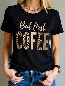 Camiseta negra de algodón 180g mujer con cuello redondo y manga corta estampado "But First Coffee" ideal para amantes del café  actual estilo urbano y casual para cualquier ocasión - Negro - Ver 1
