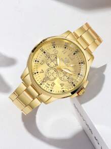 Relógio masculino de quartzo, elegante e versátil, com mostrador redondo e pulseira de aço em liga de ouro, o melhor presente para homens, adequado para presentes de Natal e uso diário