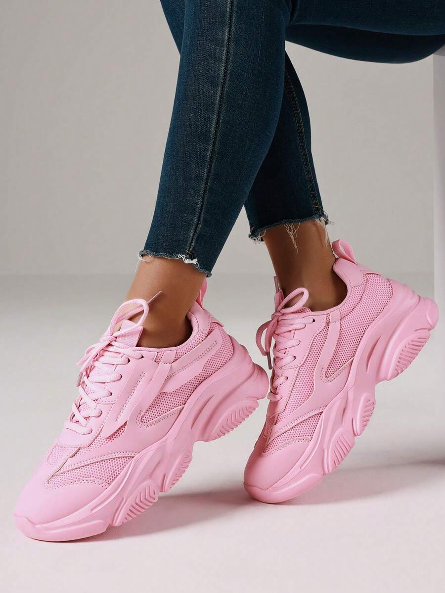 Women's Breathable Flat Sneakers Fashion Chunky Lace-Up Casual Comfortable Platform Sneakers Workout Sport Running Walking Tennis Shoes - 粉色 - 查看 1