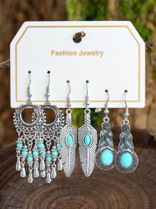 TopHanqi 3 Paar modische Ohrringe Set für Damen, vintage silberne Türkis-Hängeohrringe, einzigartige geometrische runde und Blumen-Statement-Ohrringe, für den Alltag, Partys, als Geschenk, für alle Jahreszeiten