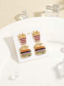 2 件/4 件/6 件可爱水钻汉堡和薯条耳钉，时尚仿制食物耳环汉堡、薯条、爆米花、冰淇淋、西瓜、火锅，适合休闲、派对穿着或礼物 - 彩色 - 查看 9