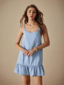 Selenza 夏季荷叶边下摆细肩带牛仔迷你连衣裙 - 淺色水洗藍 - 查看 6
