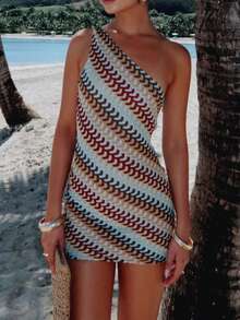 Women Y2k Sexy Mini Dress One Shoulder Knitted Bodycon Dress Asymmetric Contrast Color Sleeveless Fashion Dress Beach Vacation Dress Rainbow Crochet Knit Dress Single Shoulder Going Out Dress Summer Holiday Backless Dress - 彩色 - 查看 1
