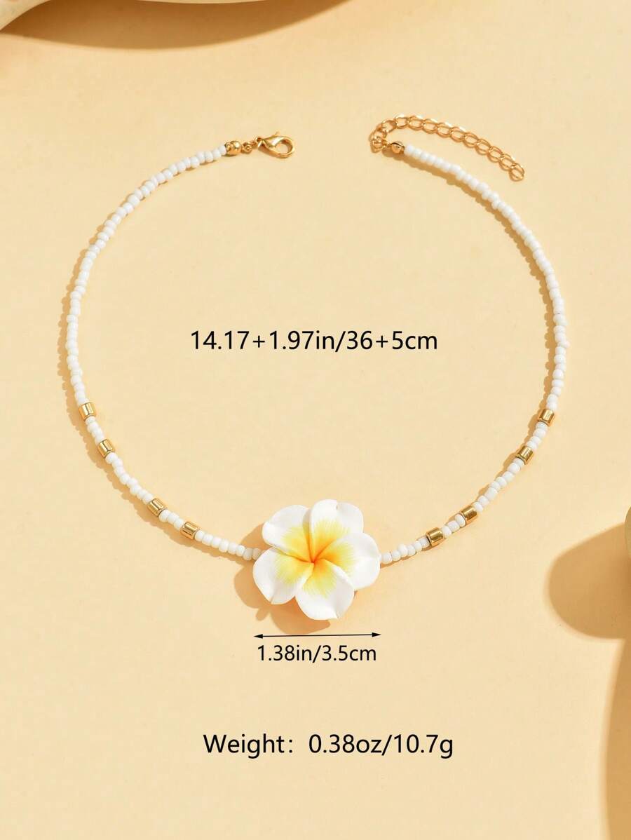 1 pieza Collar de cerámica con flor de estilo vacacional de playa, collar de gargantilla hecho a mano con cuentas estilo bohemio