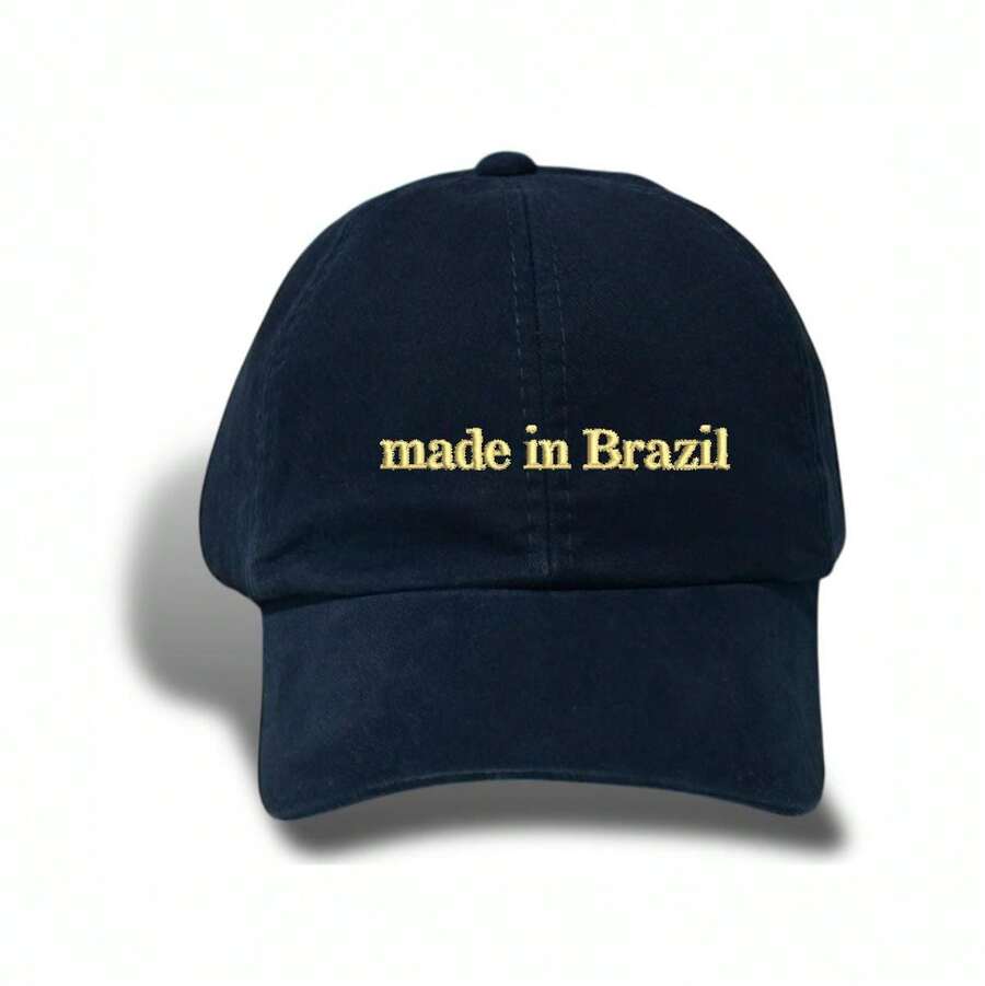 Unisex Dad Hat In 100% Cotton Twill Curved Brim Custom Made In Brazil - Navy Blue Embroidered Beige - View 1
