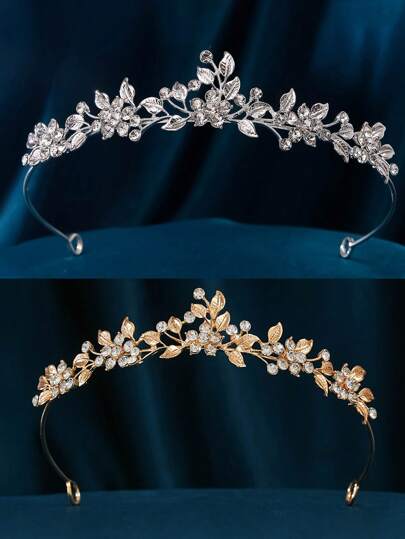 1pc European And American Style Natural Flower And Leaf Crown With Alloy And Rhinestone Decoration, For Birthday, Party, Wedding, Photography, Luxurious And Elegant Bridal Crown