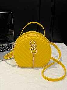 Bolsa Feminina de Design Redondo, Bolsa de Ombro Retrô de PU, Bolsa Clutch Fashion Transversal, Bolsa de Viagem Feminina - Amarelo - Visão 5