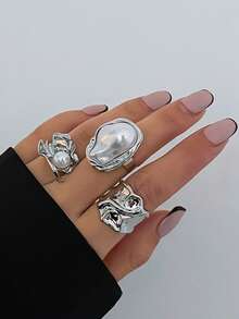 3pcs Vintage Asymmetrical Metal Gold Abstract Rings, Baroque Faux Pearl Decor Rings, Stackable Thick Jewelry Set, Suitable For Women's Daily And Diverse Party Decoration, Fashion Outfit Matching, Holiday Gifts - 3 Piece Ring Set - View 17