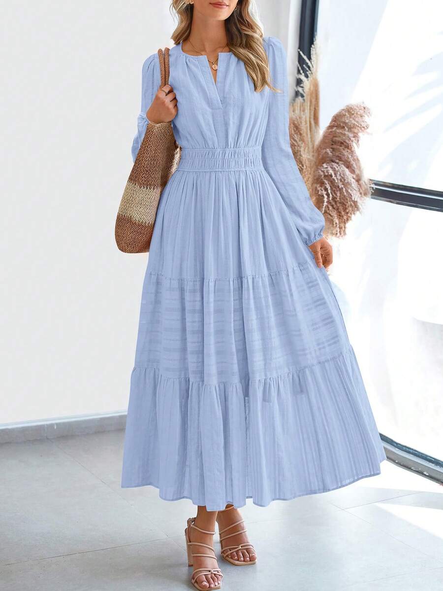 Women Fall Maxi Dresses Long Sleeve High Waist Tiered Flowy A-Line Boho Bohemian Long Dress Beach Holiday Vacation Wedding Guest Valentine Outfit - 淺藍色 - 查看 1