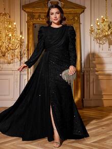 Elisanya Vestido de mujer talla grande con escote en V, lentejuelas y flecos, mangas de obispo, abertura fruncida, vestido de noche elegante,Party vestido, formal, invitado de boda, ropa de otoño para mujer - Negro - Ver 1