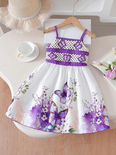 Girls Elegant Sweet Butterfly Print Sleeveless Crochet Casual Fashion Sundress, Suitable For Holiday, Travel, Birthday Party, Gift - Summer