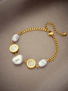 1 pulseira de aço inoxidável com algarismos romanos e pérolas, design elegante e minimalista, adequada para presentear e uso diário para mulheres