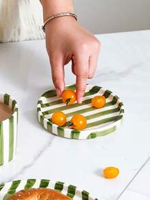 1件/2件/4件绿色条纹陶瓷盘，简约欧式竖条纹陶瓷甜点盘，小吃盘，适用于家居、派对、礼品、女士珠宝托盘