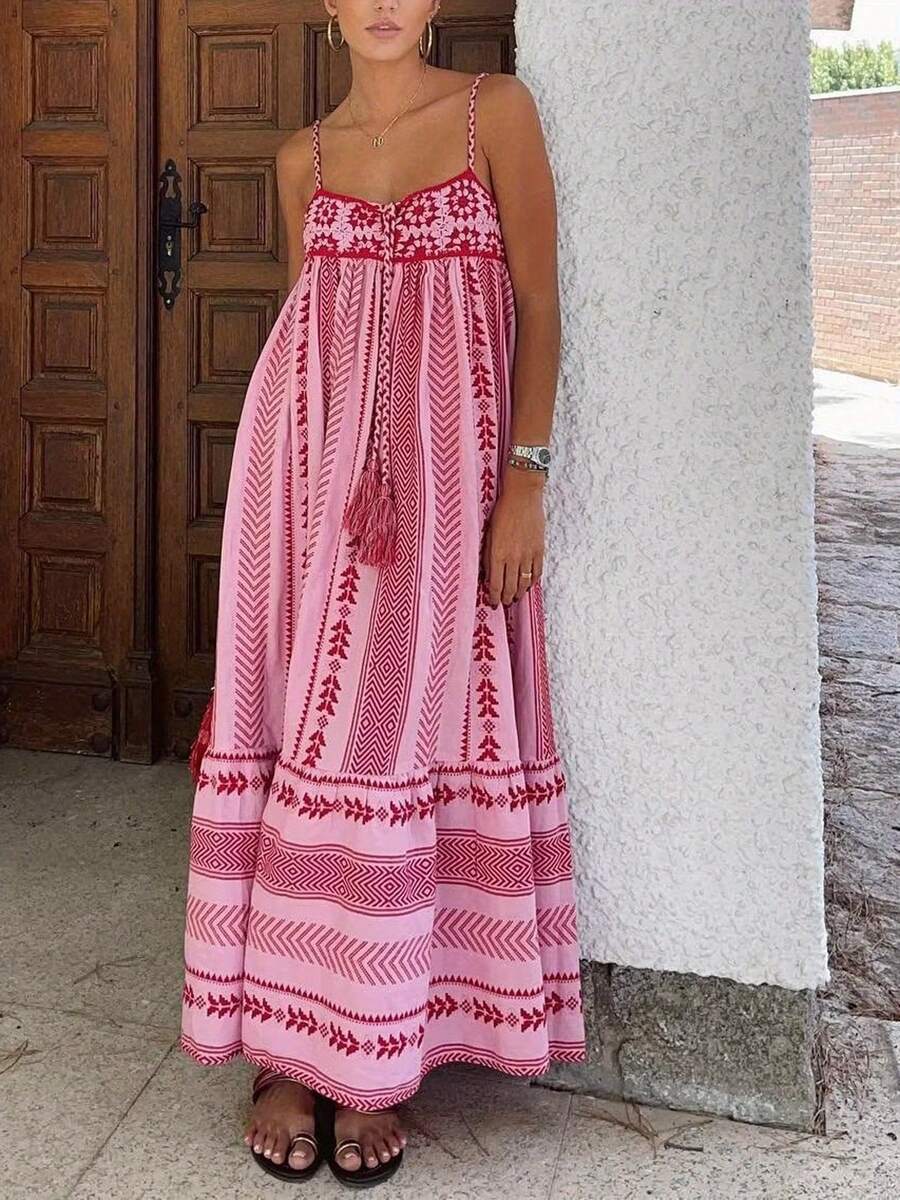 Women Sleeveless Floral Dress Casual Summer Tie Straps Backless A-Line Party Dress For Beach Club Streetwear - Màu Hồng Tươi - Xem 1