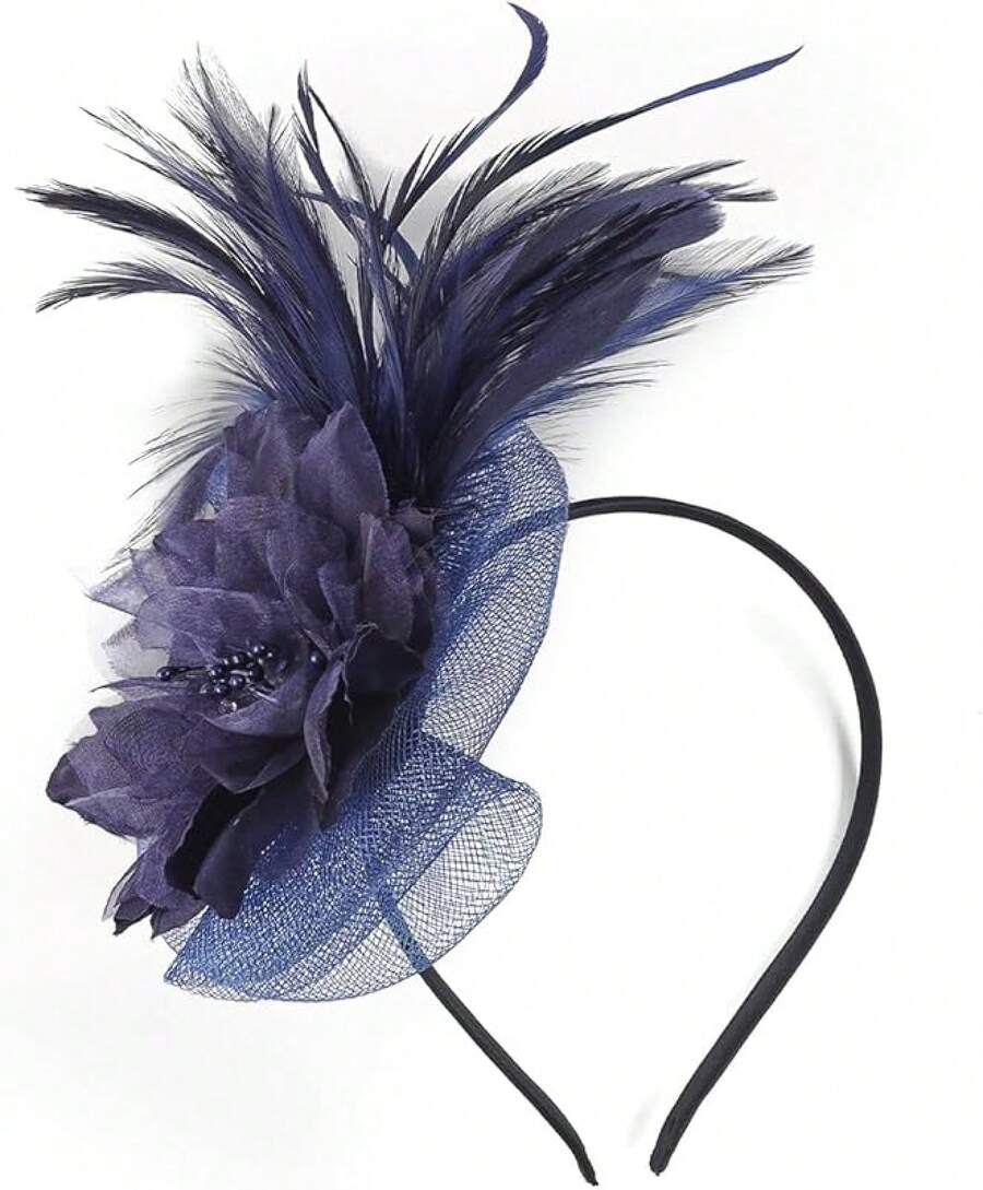 Fascinators Hats Women,Tea Party Fascinator Hair Clip With Feathers Wedding,Derby Hats Headbands - 款式1-深藍色 - 查看 1