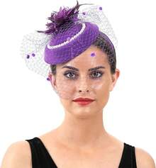 Ibeauti Fascinator Hats With Screentouch Lace Gloves Set Women Tea Party Cocktail Wedding Derby Headwear Short Gloves - 01 紫色 - 查看 5