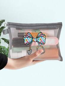 Mesh Zipper Storage Bag, Printed With Bow Stethoscope Pattern, Multi-Function Storage Bag, Medicine Storage, Beach Vacation Toiletries Bag, Transparent Mesh Storage Bag, Multi-Function Travel Bag, Air Cushion Storage, Portable Storage Bag, Student Stationery Bag - متعدد الألوان - مشاهدة 4