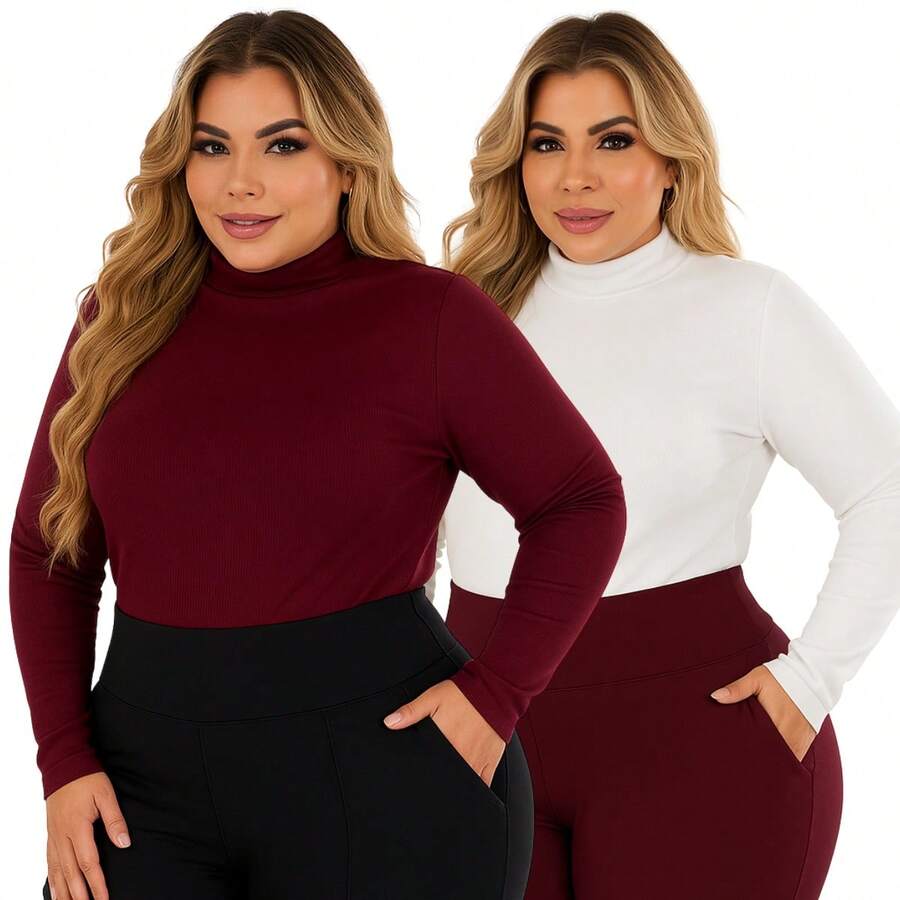 Kit 2 Women's Plus Size Cacharrel Blouse Long Sleeve High Neck Ribbed G1 To G3 - White and Wine - View 1