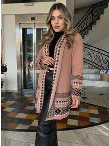 Women's Checkered Kimono Cardigan Teddy Coat Long Sleeve Open Front Elegant Striped Argyle Cute Boho Casual Chic Sexy Wool-Like Fabric Textured Daily Airport Wear Birthday Party Formal & Evening Holiday - 老玫瑰 - 查看 2