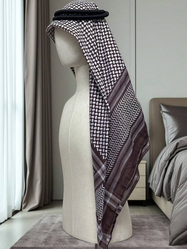 Polyester Coffee Brown & White Jacquard Men's Shawl Head Scarf, Casual Wear For Middle East And Arab Region, Spring/Summer/Autumn