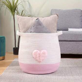 Inwagui Valentine's Day Pink Heart Gift Basket, Adorable Round Laundry Basket And Blanket Storage Bucket With Handle, Home Decor Organizer Basket, Multi-Purpose Storage Bin For Bedroom, Laundry Room, Kitchen, Bathroom, Dormitory