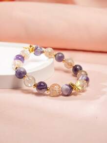 2 Pcs/Set Ring & Bracelet, Adjustable Ring For Women, High Quality Natural Purple Crystals Bracelets With Golden Butterfly Pendant, 10mm Beads Jewelrys For Travel Wear By Women, Best Friend Gift