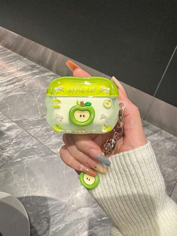 Süßes Cartoon Grüner Apfel & Schleife Design, transparente TPU Soft Hülle, Grüner Apfel Harz Anhänger, Kopfhörertasche geeignet für Pro, minimalistischer Schutzüberzug für 4 kabellose Bluetooth Kopfhörer, kompatibel mit 2/3, geeignet für Mädchen, Frauen oder Unisex