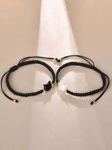 2pcs Ins Style Woven Bracelet With Small Black Cat Charm, Suitable For Couples And Best Friends